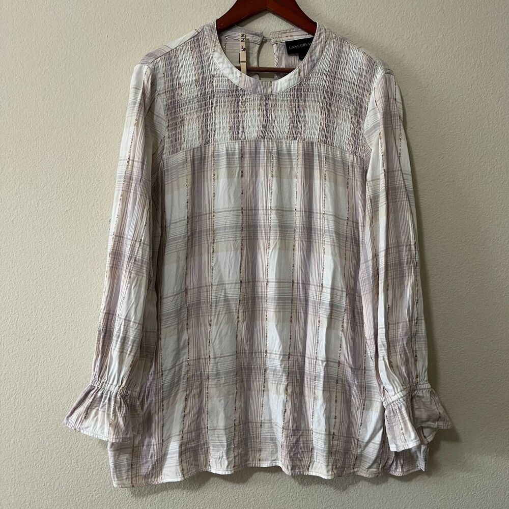 Lane Bryant Long Sleeve Round Keyhole Neck Plaid Blouse Top Shirt SZ 18